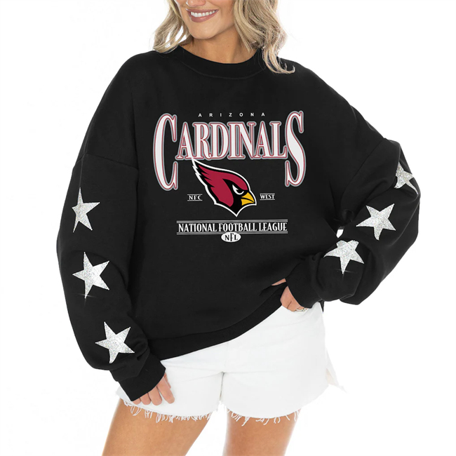 Women's Arizona Cardinals Gameday Couture Black Rhinestone Star Sleeve Settle the Score Oversized Tri-Blend Pullover(Run Small)